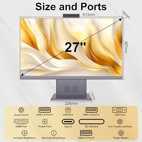 SUKOTOP 27 Inch All in One PC Ryzen 5 7640HS (up to 5.0GHz) 6 Core Processor Computer All in One 16GB RAM 512GB SSD with Webcram WiFi6 Bluetooth5.3 Wired Keyboard & Mouse