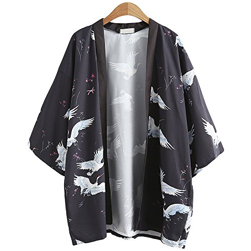 ZooBoo Japanese Kimono Dress Cardigan - Loose Jacket Clothing Robe Costume Bathrobe Sleepwear for Women Girls (Crane)