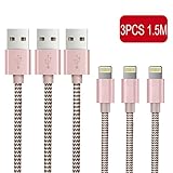 Lightning Cable OTISA 3Pack 5Ft Nylon Braided iPhone Cable with Ultra-compact Connector Charging Cord Charger for iPhone 7/7 Plus/6s/6s Plus/6/6 Plus/5s/55se, iPad,iPod Compatible with iOS10(Pink)