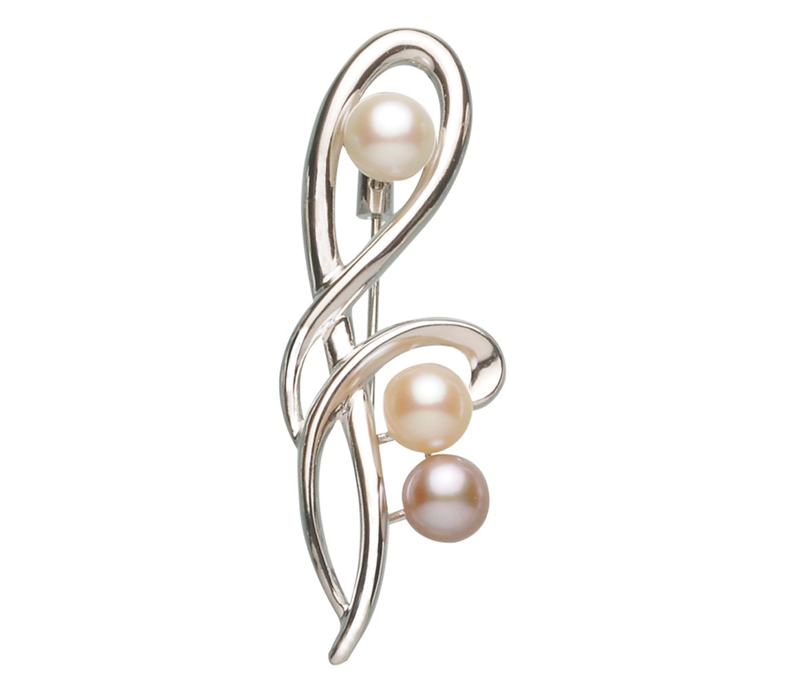 Jo & Co. Mackintosh-Style Sterling Silver and Pearl Brooch, White, Pale Peach and Natural Pink Pearls, 925 Sterling Silver, Contemporary Packaging