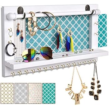 VIEFIN White Wall-Mounted Mesh Jewelry Organizer, Wooden Earring Bracelet Holder with Shelf, Hanging Hooks for Necklace, Chic Wall Decor(White,Improved)