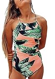 Pxmoda Women One Piece Leaf Print Swimsuit Back Bandage Padded Bikini Monokini Swimwear (M, Pink-2)