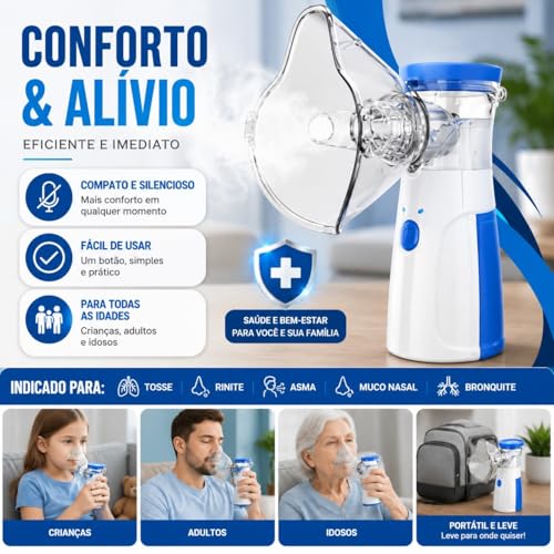Nebulizador Portátil Ultrassônico Silencioso com Máscaras Adulto e Infantil