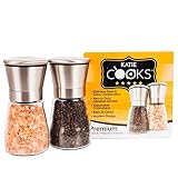 Katie Cooks Premium Adjustable Salt & Pepper Grinder / Spice Mill (Set of 2) - stainless steel top with lid, ceramic grinder and glass 3/4 cup capacity container
