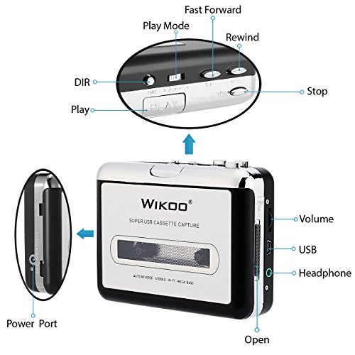 Wikoo Cassette Tape to MP3 CD converter via USB, Portable USB Cassette Tape Player Walkman Captures MP3 Audio Music -Compatible with Laptops and PC, Convert Tape Cassettes to MP3 Format