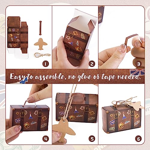 JOHOUSE Mini Suitcase Favor Box, 50PCS Travel Party Favors Vintage Kraft Cardboard with Tags and Burlap Twine for Wedding Party Bridal Shower Travel Party Decorations