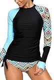 Aleumdr Womens Long Sleeve Vibrant Print Side Ties Color Block Tankini Swimsuit S-XXXL