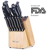 McCook MC26 14 Pieces FDA Certified High Carbon Stainless Steel Kitchen Knife Set with Wooden Block, All-purpose Kitchen Scissors and Built-in Sharpener(Black)