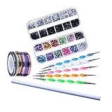 eBoot Nail Art Kit Decoration Set with Picker Pencil, 2 Boxes Nail Rhinestones, 5 Dotting Pens, 30 Nail Striping Tape