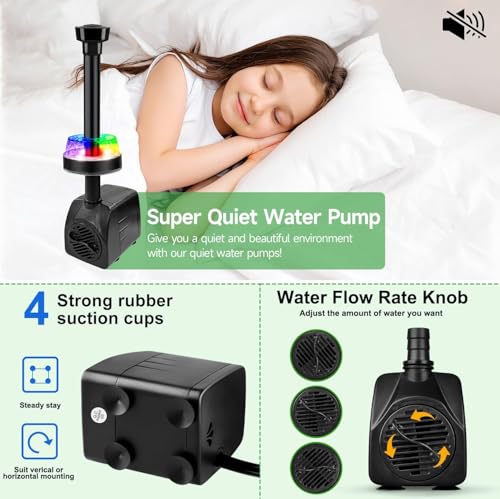 NATPOW Submersible Water Pump, 800L/H Mini Fountain Pump with RGB LED Lights Ultra-Quiet, 3M Cable Pond Pump with 4 Nozzles for Water Feature, Aquarium Fish Tank, Outdoor Fountain
