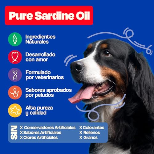 Dogelthy Pure Sardine Oil 450 ml. Aceite de Sardina con Omega 3 para Perro. 300 MG de EPA + DHA por Dosis. Suplemento de Aceite de Pescado para Perro. para Croquetas o Dieta Barf.