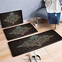FashSam 3 Piece Flannel Doormat Boating Windrose with Ship Rope on a Wooden Background Marine Life Inspired Design Decorative for Kitchen Rugs Carpet(W15.7xL23.6 by W19.6xL31.5 by W31.4xL47.2)