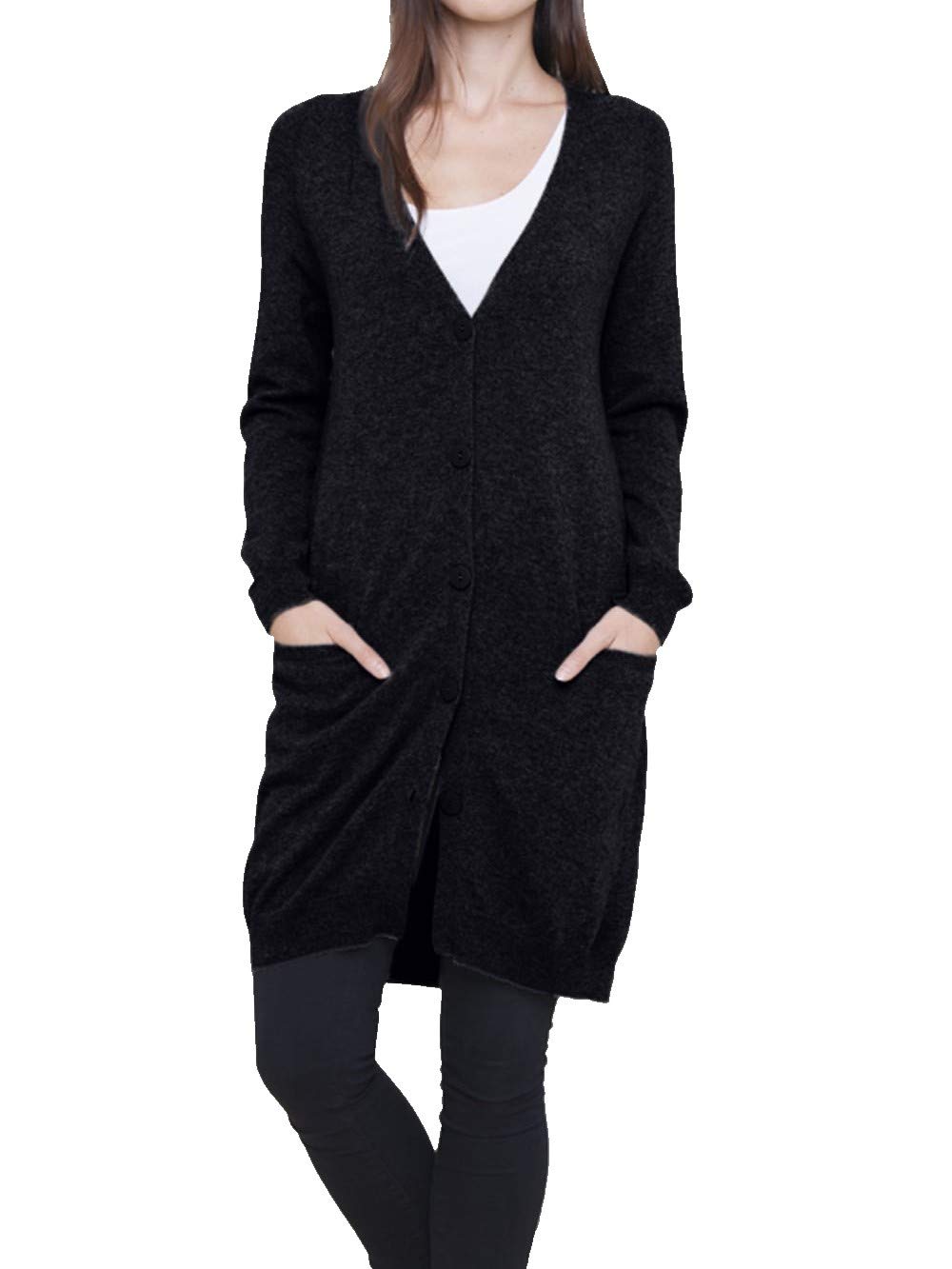 Photo 1 of Cashmeren Long Profile Button Front Cardigan 100% Pure Cashmere V Neck Fashion Long Sleeve Sweater Coat for Women (Black, Medium)