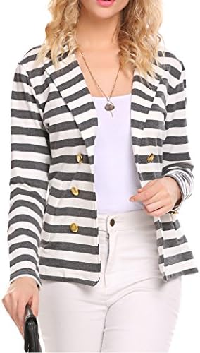 Nagoo Naggoo Women's Striped Slim Business Work Blazer Suit Jacket Coat Outwear (M, Gray and White)