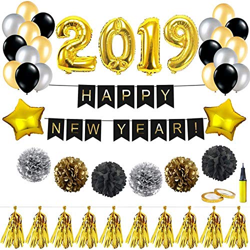2019 New Year Eve Party Balloons Kit Decorations - 2019 Foil Balloon Happy New Year Banner Tassel Gold Black Silver Paper Poms Latex Balloon Gift for Graduation Party Favors