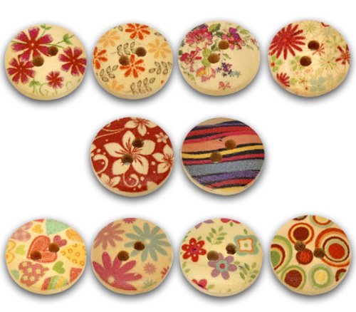 Beautiful Painted Wood Buttons with Colorful Designs 15mm - 50 Buttons Per Package with Exclusive Shizaru Designs Gift Bag