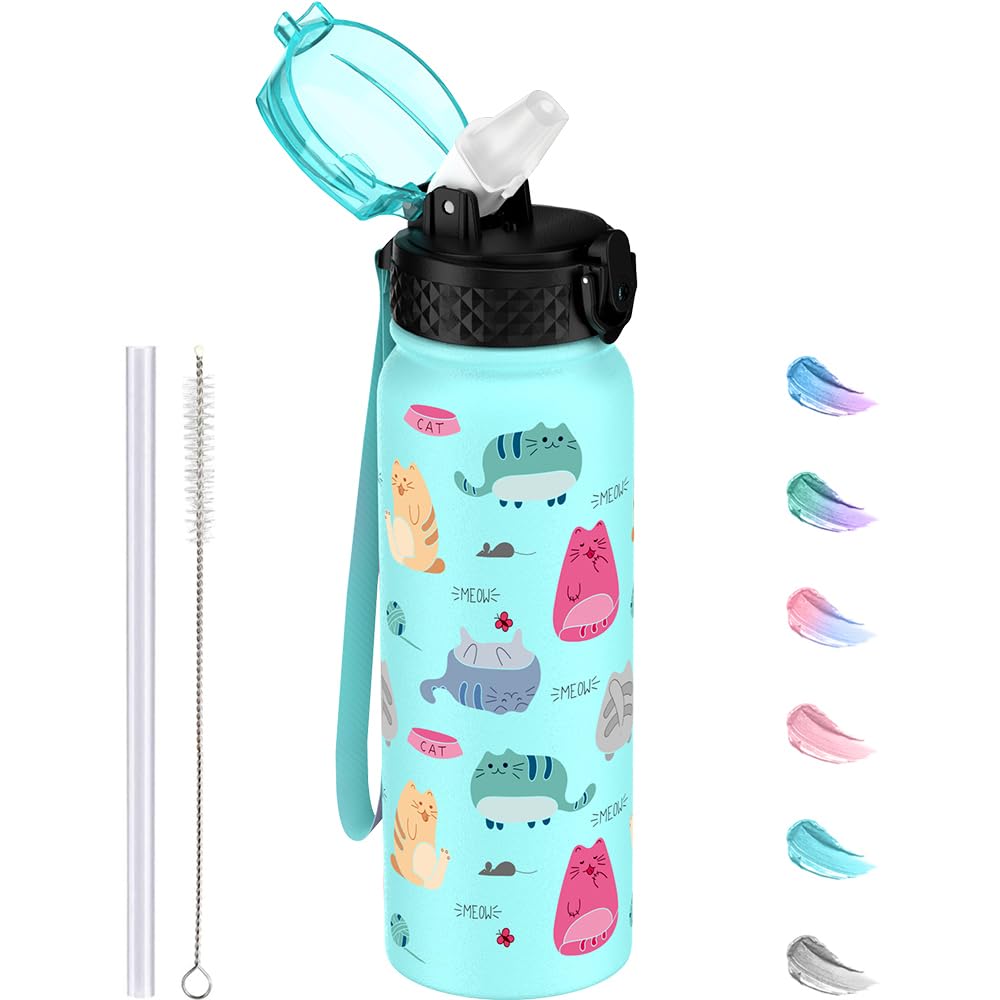 GOPPUS 600ml/20oz Stainless Water Bottle with Straw Double Wall Insulated Bottles with Strap One Hand Open Vacuum Thermal Flask Leakproof Keep Cold Bottles with Flip Top Lid BPA Free (Green Cat) — image 1