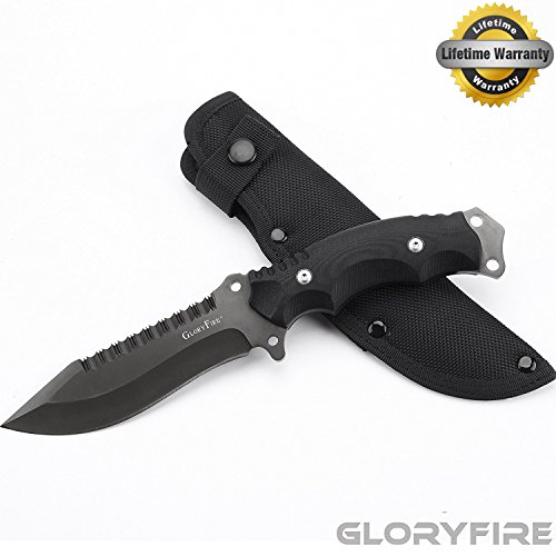 GLORYFIRE Tactical Hunting Knife Fixed Blade Serrated edge AUS-8 Stainless Steel Blade Outdoor Survival Emergency Kit Full Tang Titanized Anti-rust Processed Arc Hand Protected with Nylon Sheath