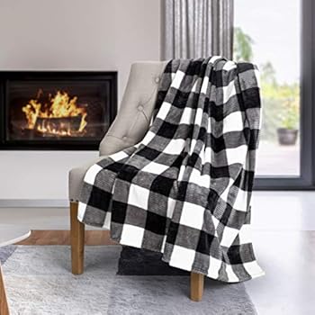 Safdie & Co. Flannel Printed Ribbed 50x60 White Plaid Ultra Soft Throw, Black - 65903.Z.06