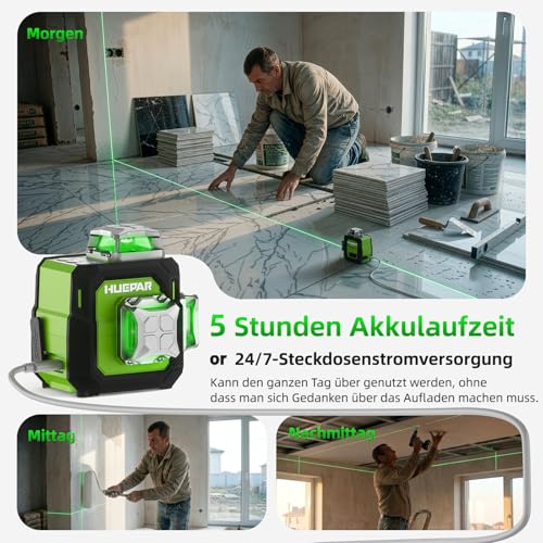 Huepar Kreuzlinienlaser 360 grün, Kompakt wiederaufladbar Laser Wasserwaage mit 152 cm Stativ, Professioneller 3D-Nivelliergerät mit starker Magnethalterung für Bauarbeiten ST03CG