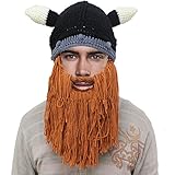 Knit Bull Cow Horn Beard Barbarian Cosplay Beanie Hat Cap