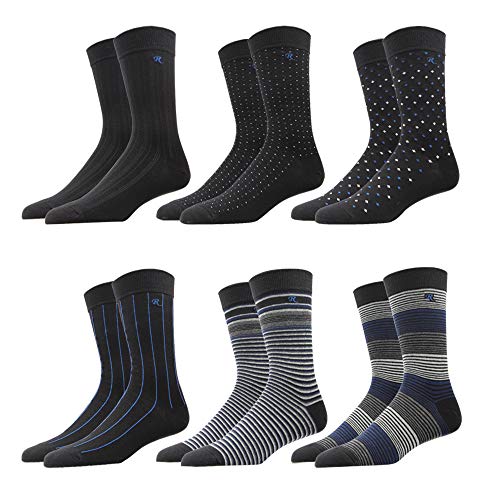 Gift Box Men's Casual Dress Socks Stripe for Suit 90% Cotton Rich Mid Calf Designer Pattern Cute style Colorful (6 Pairs Assorted socks #122, XL: 12-14 UK shoe size (47-50 EU)) - Thumbnail 3