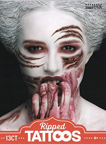 Halloween Realistic Temporary Costume Make Up Face Tattoo Kit Men or Women - (Adult Zombie - Ripped) - 1 Kit