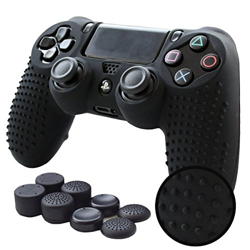 Pandaren PS4 Controller Grip,STUDDED Anti-slip PS4 Controller Cover Silicone Skin for PS4 /SLIM /PRO controller(Black controller skin x 1 + FPS PRO Thumb Grips x 8)