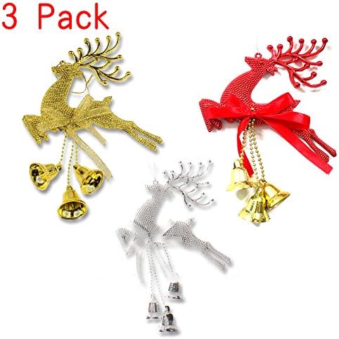 Gouptec 3 Pack 24cm Christmas Tree Decorations Reindeer Chital Hanging Xmas Party Decoration With Bells butterfly Bow