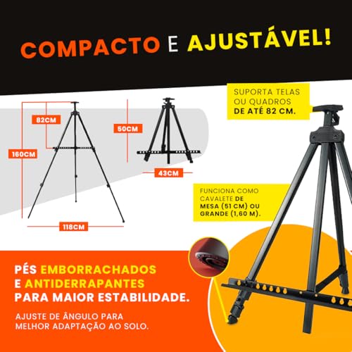 Cavalete De Pintura Em Tela Portátil e Ajustável 1,60m – Leve, Dobrável, Resistente, Ideal para Artistas, Estúdios, Escolas e Pintura ao Ar Livre Suporte Cavalete De Artista Preto Linha Super Premium
