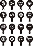 Sealike 16 Pcs Coffee Barista Stencils Template Cappuccino Art Stencils Strew Pad Spray with Stylus