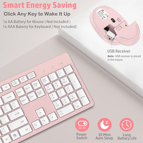 LeadsaiL Wireless Keyboard and Mouse Combo, Full-Sized Ergonomic Computer Keyboard, 2.4GHz Cordless Keyboard Silent Mouse Set with 2-in-1 USB Receiver, 12 FN Shortcuts for Windows Laptop, PC/Mac-Pink