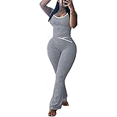 HBQ 2 Piece Sets For Women Summer Contrast Binding Backless Crop Tank Top and Flare Pants Lounge Sets Tracksuit