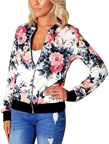 Kaoccy Women's Floral Print Classic Quilted Baseball Biker Short Jacket White S