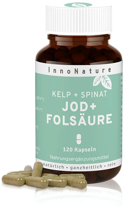 Natürliche Folsäure + Jod (aus Kelp Algen Extrakt + Spinat Extrakt) 120 Kapseln. 150 µg Jod + 800 µg Folsäure Für Kinderwunsc