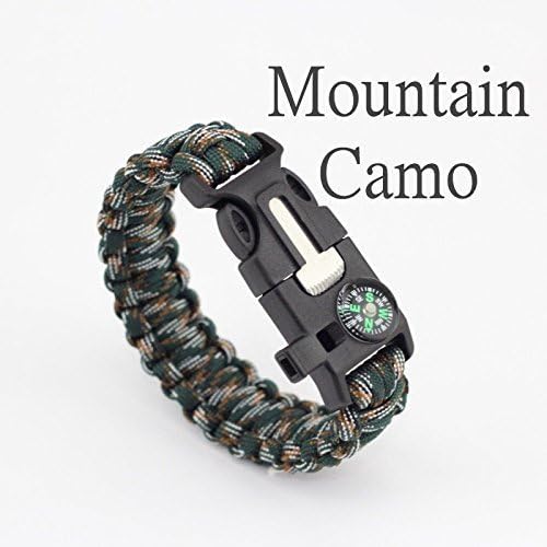 [Ultimate Paracord Survival Bracelet] Parachute Cord Wristband Emergency Rescue Rope Flint Fire Starter Buckle Whistle Compass Kits (Mountain Camo)
