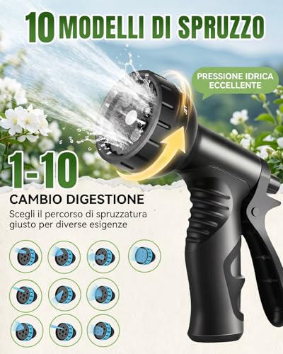 Tubo Acqua Giardino Estensibile 45 Metri, Canna Acqua Giardino con Pistola 10 Modalità, Connettori in Ottone 1/2"-3/4", 4 Strati di Lattice Antifuga, Tubo da Giardino