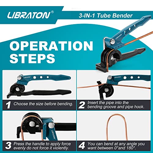 Libraton Manual Pipe Bender, 180 Degree Copper Pipe Bender, 3 in 1 Pipe Bender, for Bending the Pipe in Copper, Aluminium, Brass and Thin Steel for Repair of Air Conditioning System