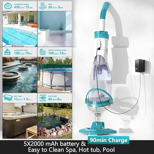 Cordless Pool Vacuum for Above Ground, Handheld Pool Spa Vacuum Cleaner for Rechargeable, Inground Pools Hot Tub,60" Extendable Pole, up to 19.5 GPM for Shallow Stepss,Leaves, Debris