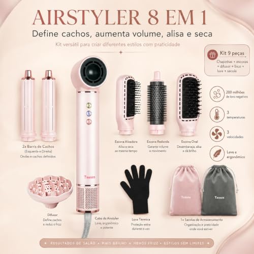 Secador de Cabelo Profissional 8 em 1 - Modelador de Cabelo, Escova de Ar Quente com Difusor, Modelador de Cachos e Secador Iônico, Ideal para Secagem e Ondulação Rápidas (Rosa-220-240V)