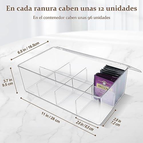 Caja para Té con 8 Compartimentos con Tapa Abatible, Organizador de Te para Infusiones, Bolsas de Té, Sobres de Café y Azúcar, Porta Te de Acrilico para Nevera, Armario, Despensa, Encimeras de Cocina