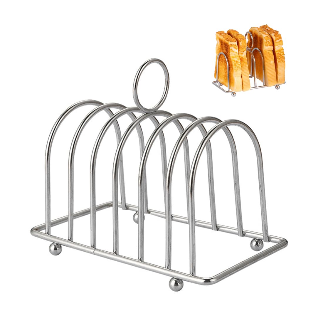 LAWALEISHE Chrome 6 Compartment Toast Bread Rack, Cooling Holder with Easy Carry Handle and Non-Slip Ball Feet, Stainless Steel Bread Slices Organizer for Kitchen Counter