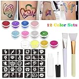 Glitter Tattoo Kits Powder Temporary Tattoo Body Painting with 12 Glitter Colors,32 Uniquely Themed Temporary Tattoo Stencils,1 Glue Applicator Bottles & 2 Glitter Brushes for Children, Teenager