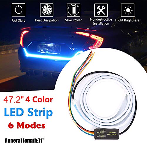 LUVODI 48" 12V Car LED Tail Strip Light 6 Functions 4 Colors Car Trunk Tailgate Rear Turning Signal Light Bar Warning Running Flow Box Lamp for Reverse, Brake, Double Flash, Flexible Waterproof