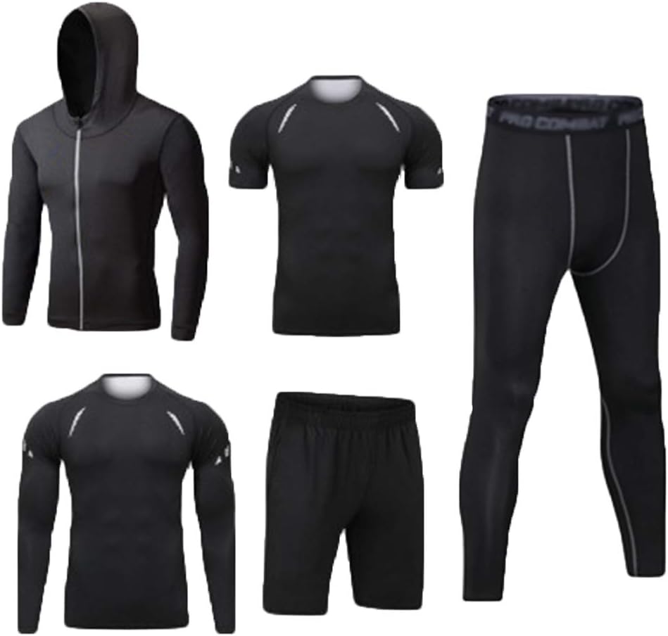 Dooxi Mens 5pcs Sports Gym Fitness Clothing Set Hoodies Jackets+Long Sleeve+Short Sleeve Base Layers T Shirts+Loose Fitting Shorts+Compression Pants for Workout Training Running Tracksuits