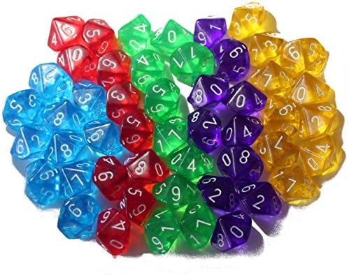 High City Books 50 10-Sided Dice | 5 Sets of 10 D10 | Translucent