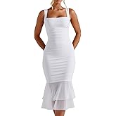 Kaximil Women's Sexy Bodycon Ruched Square Neck Midi Dresses Elegant Sleeveless Ruffle Cocktail Party Dress