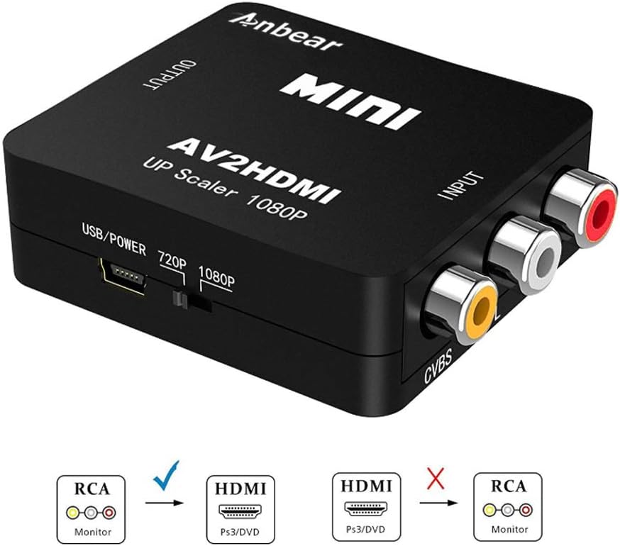 RCA to HDMI, Anbear 1080P RCA Composite CVBS AV to HDMI Video Audio Converter Adapter Supporting PAL/NTSC for PC Laptop Xbox PS4 PS3 TV STB VHS VCR Camera DVD