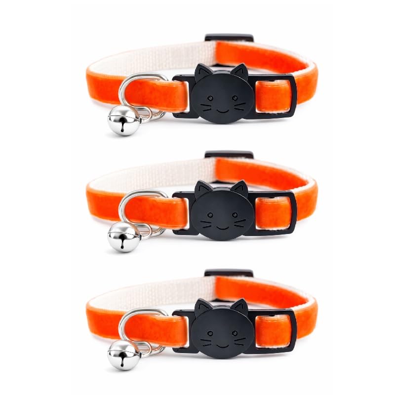 Velvet Cat Collars with Bell. Safe Breakaway Quick Release Buckle. Available in Cat & Kitten Size (Pack of 3) (Cat Collar (20cm - 30cm), Orange Velvet (Pack of 3))