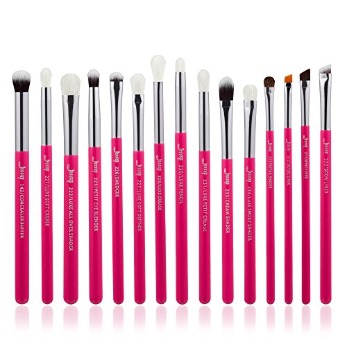 Jessup 15pcs Eyeliner Makeup Brush Tool Kit Cream Eye shadow Lipstick Pencil Fiber hair Brushes Set Rose carmin/Silver T197